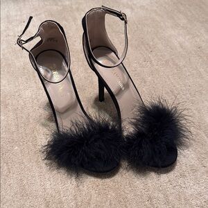 Dream Pairs Black Feather-Trim Ankle-Strap Stiletto Heels